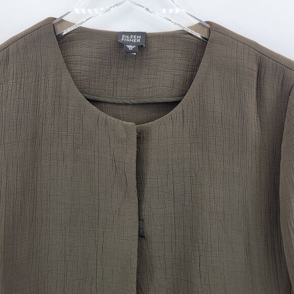 Eileen Fisher Silk Sponge Jacket Size Medium Brown Olive Green Collarless Blazer - Picture 2 of 11